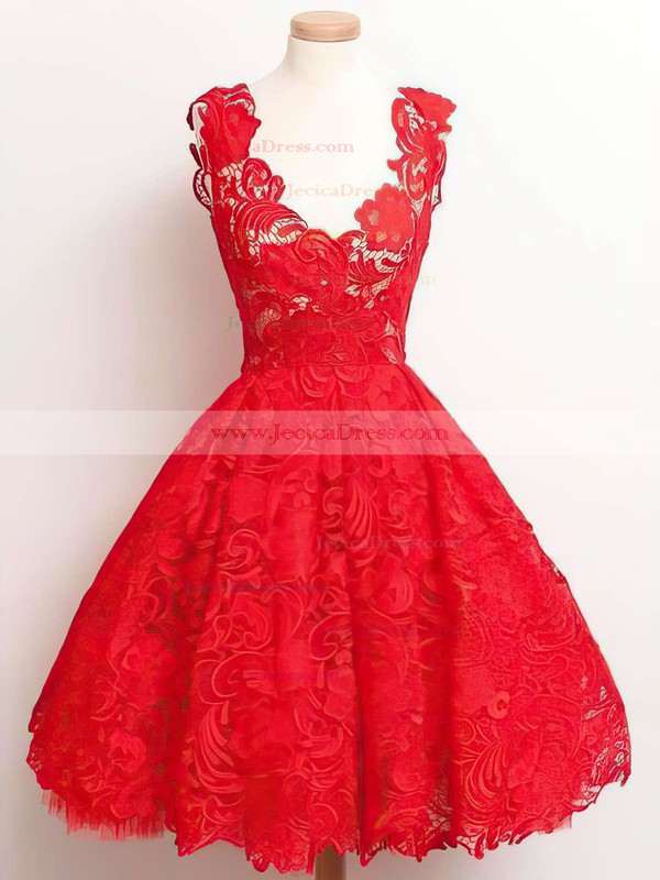 Black Lace A-line V-neck Knee-length Simple Prom Dresses #JCD020102389