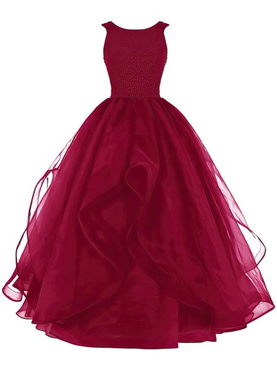 Modest Ball Gown Organza with Beading Scoop Neck Burgundy Prom Dresses #JCD020102390