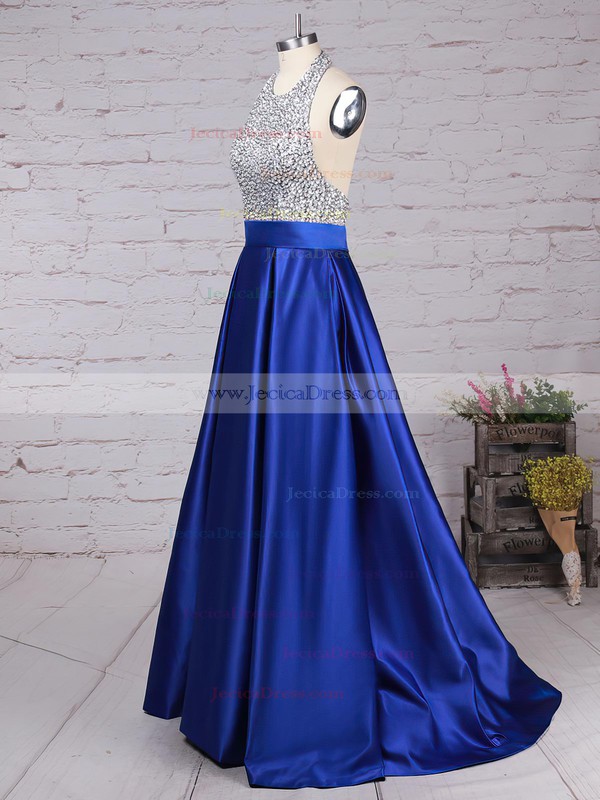 Backless Ball Gown Satin Tulle Floor-length Beading Elegant Halter Prom Dresses #JCD020102391