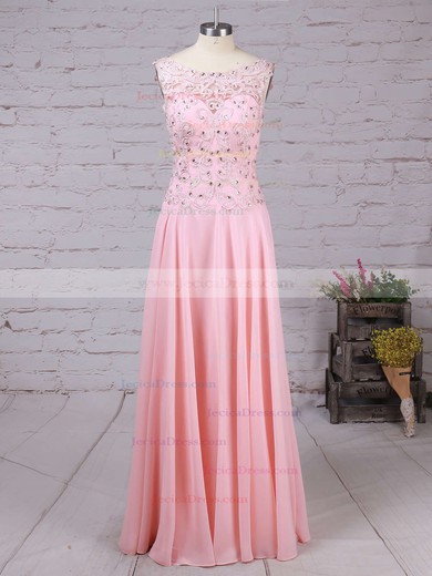 A-line Scoop Neck Tulle Chiffon with Appliques Lace Sweep Train Wholesale Prom Dresses #JCD020102395