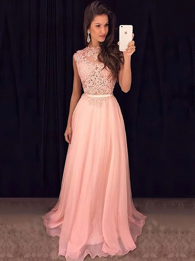 Promotion Scoop Neck Chiffon Tulle Sweep Train Appliques Lace Pink Prom Dresses #JCD020102396