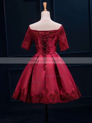 Burgundy Off-the-shoulder Satin Short/Mini Appliques Lace 1/2 Sleeve Prom Dresses #JCD020102397