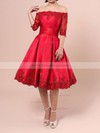 Burgundy Off-the-shoulder Satin Short/Mini Appliques Lace 1/2 Sleeve Prom Dresses #JCD020102397