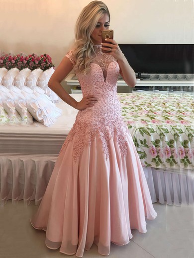 Open Back High Neck A-line Chiffon Tulle Pearl Detailing Short Sleeve Prom Dresses #JCD020102398