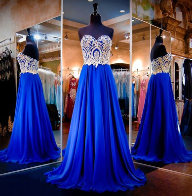 Discounted A-line Sweetheart Chiffon Sweep Train with Beading Royal Blue Prom Dresses #JCD020102399
