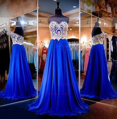 Discounted A-line Sweetheart Chiffon Sweep Train with Beading Royal Blue Prom Dresses #JCD020102399