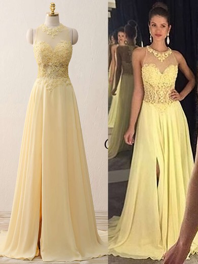 A-line Scoop Neck Chiffon Tulle Sweep Train with Split Front Different Prom Dresses #JCD020102400