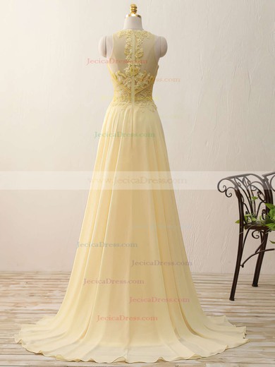 A-line Scoop Neck Chiffon Tulle Sweep Train with Split Front Different Prom Dresses #JCD020102400