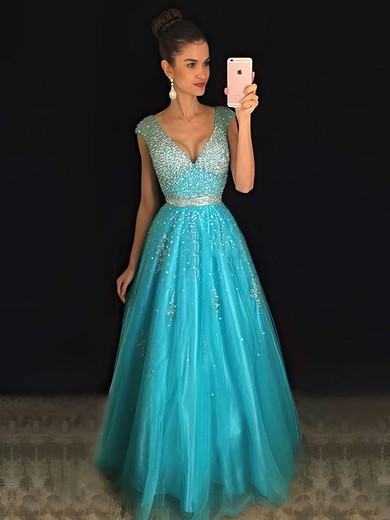 Princess V-neck Tulle Floor-length with Beading Exclusive Prom Dresses #JCD020102401