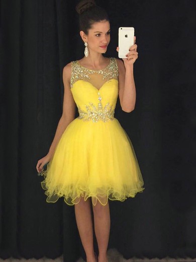 Short/Mini A-line Scoop Neck Tulle with Beading Newest Prom Dresses #JCD020102402