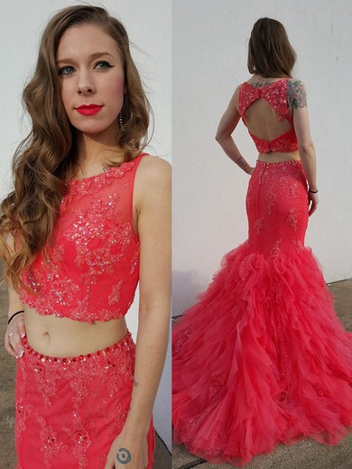 Scoop Neck Tulle Sweep Train Appliques Lace Two Piece Trumpet/Mermaid Prom Dresses #JCD020102405