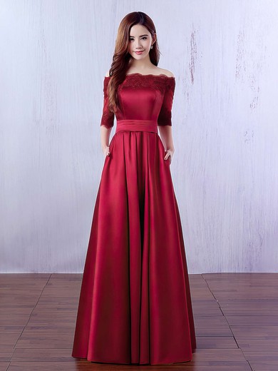 A-line Off-the-shoulder Satin Floor-length Appliques Lace Burgundy 1/2 Sleeve Prom Dresses #JCD020102406