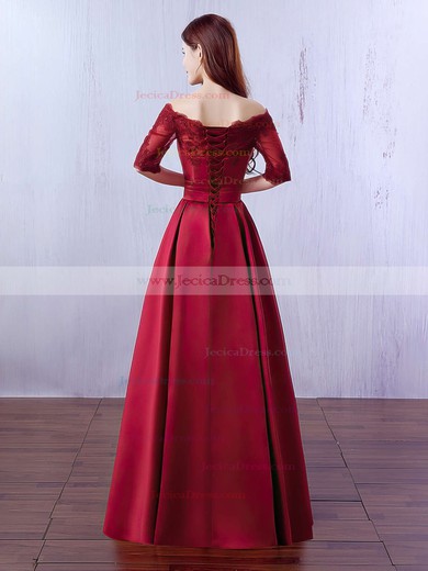 A-line Off-the-shoulder Satin Floor-length Appliques Lace Burgundy 1/2 Sleeve Prom Dresses #JCD020102406