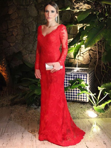 Beautiful Sheath/Column Sweep Train V-neck Red Lace Long Sleeve Prom Dresses #JCD020102408