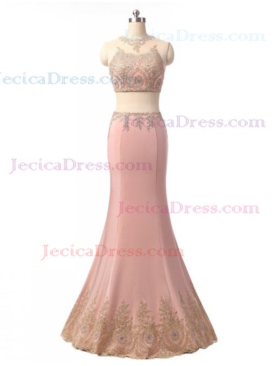 Two Piece Scoop Neck Tulle Silk-like Satin Floor-length Beading Trumpet/Mermaid Prom Dresses #JCD020102414