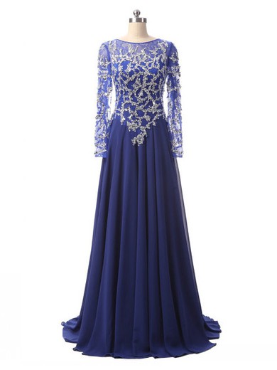 A-line Scoop Neck Lace Chiffon Sweep Train Beading Royal Blue Long Sleeve Prom Dresses #JCD020102415
