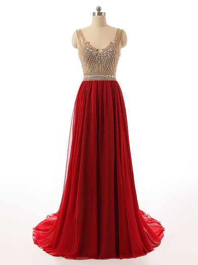 A-line V-neck Tulle Chiffon Sweep Train Beading Latest Prom Dresses #JCD020102416