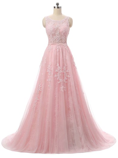 A-line Scoop Neck Tulle Lace Sweep Train Applique Lace Pink Prom Dresses #JCD020102417