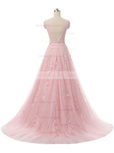 A-line Scoop Neck Tulle Lace Sweep Train Applique Lace Pink Prom Dresses #JCD020102417