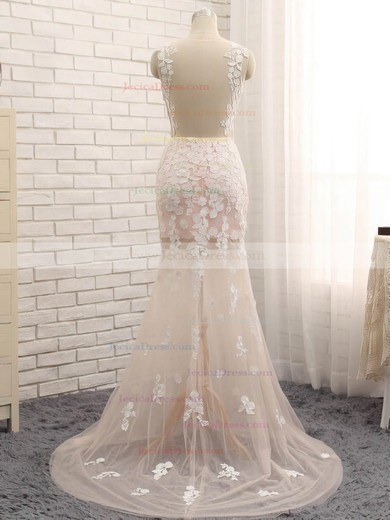 Online Scoop Neck Tulle Sweep Train Appliques Lace Trumpet/Mermaid Prom Dresses #JCD020102418