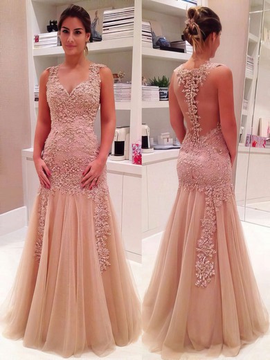 Trumpet/Mermaid V-neck Tulle Floor-length Appliques Lace Discount Prom Dresses #JCD020102421