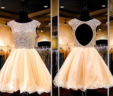 Princess Scoop Neck Tulle Short/Mini Beading Prom Dresses #JCD020102422