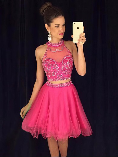 Two Piece A-line High Neck Tulle with Beading Short/Mini Prom Dresses #JCD020102424