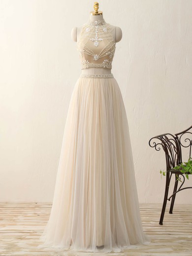 Top High Neck Tulle Floor-length with Beading A-line Two Piece Prom Dresses #JCD020102428