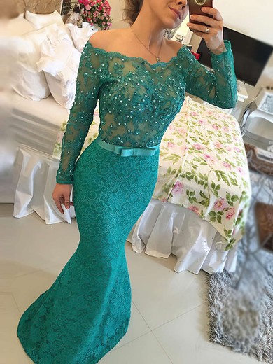 Trumpet/Mermaid Lace Tulle Floor-length Newest Long Sleeve Off-the-shoulder Prom Dresses #JCD020102429