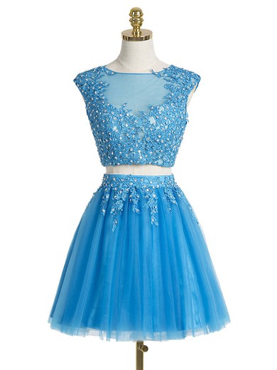 Sweet A-line Scoop Neck Tulle Short/Mini Appliques Lace Two Piece Prom Dresses #JCD020102431