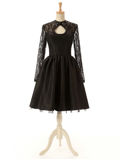 Black A-line Scoop Neck Lace Tulle Silk-like Satin Knee-length Long Sleeve Prom Dresses #JCD020102516