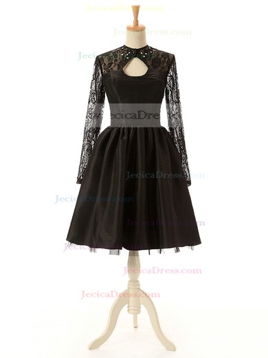 Black A-line Scoop Neck Lace Tulle Silk-like Satin Knee-length Long Sleeve Prom Dresses #JCD020102516