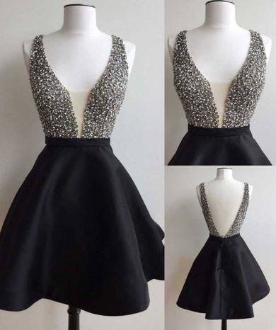 Backless A-line V-neck Satin Tulle Short/Mini Crystal Detailing Black Prom Dresses #JCD020102517