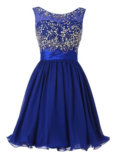 Affordable A-line Scoop Neck Chiffon Tulle Short/Mini Beading Royal Blue Prom Dress #JCD020102520
