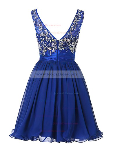 Affordable A-line Scoop Neck Chiffon Tulle Short/Mini Beading Royal Blue Prom Dress #JCD020102520