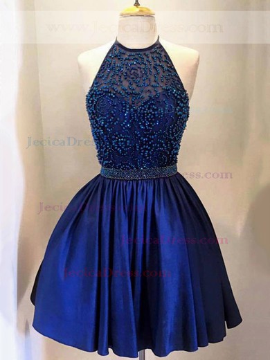A-line Halter Elastic Woven Satin Short/Mini Beading Prom Dresses #JCD020102526