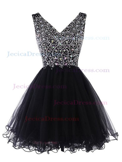 A-line V-neck Tulle Short/Mini Crystal Detailing Prom Dresses #JCD020102531