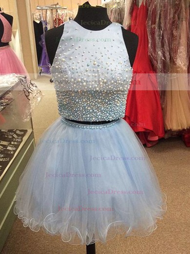 Sweet Princess Scoop Neck Satin Tulle Short/Mini Pearl Detailing Two Piece Prom Dress #JCD020102539