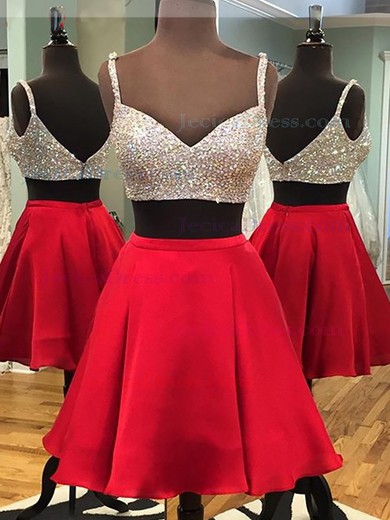 A-line V-neck Satin Short/Mini Crystal Detailing Hot Two Piece Prom Dress #JCD020102541