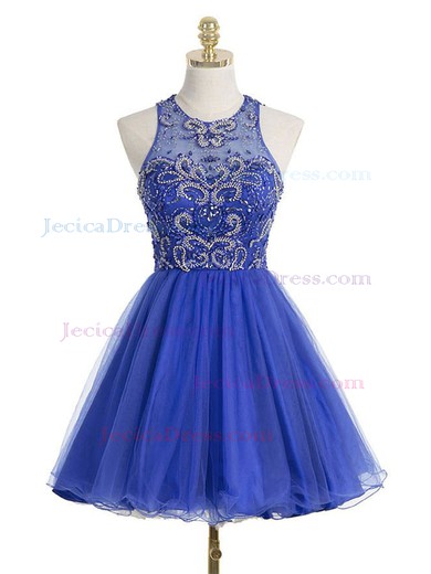 Royal Blue A-line Scoop Neck Tulle Short/Mini Beading Prom Dresses #JCD020102544