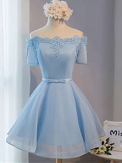 A-line Off-the-shoulder Satin Organza Short/Mini Sashes / Ribbons Prom Dresses #JCD020102547