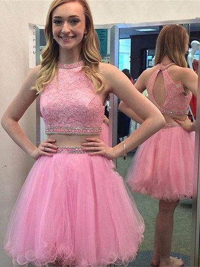 Unique A-line Scoop Neck Tulle Short/Mini Lace Two Piece Prom Dresses #JCD020102550