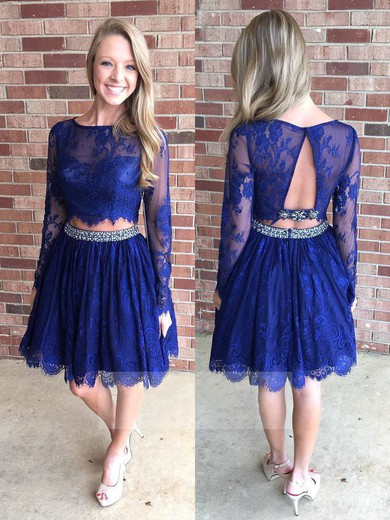 Girls A-line Scoop Neck Lace Knee-length Beading Long Sleeve Two Piece Prom Dress #JCD020102552