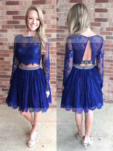 Girls A-line Scoop Neck Lace Knee-length Beading Long Sleeve Two Piece Prom Dress #JCD020102552