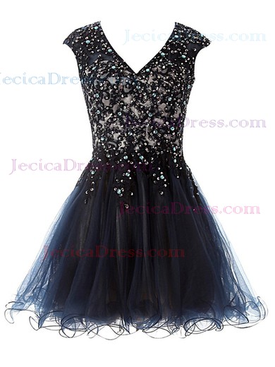 Promotion A-line V-neck Satin Tulle Short/Mini Beading Open Back Prom Dresses #JCD020102553