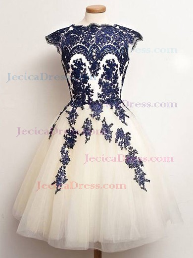 Princess Scalloped Neck Tulle Tea-length Appliques Lace Prom Dresses #JCD020102559