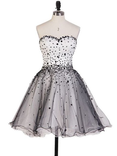 A-line Sweetheart Tulle Short/Mini Beading Prom Dresses #JCD020102560