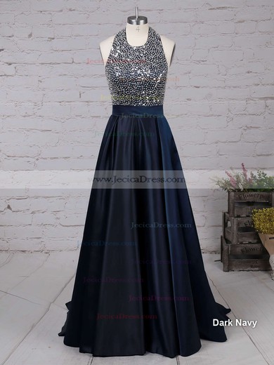 A-line Halter Dark Navy Satin Sweep Train with Beading Backless Prom Dresses #JCD020102435