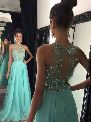 Glamorous A-line Scoop Neck Chiffon Tulle Sweep Train Beading Prom Dresses #JCD020102436