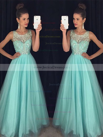 Princess Scoop Neck Tulle Beading Floor-length Unique Open Back Prom Dresses #JCD020102437